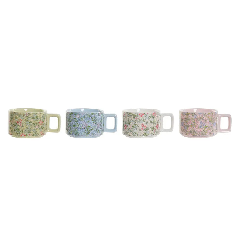 Ensemble de tasses à café DKD Home Decor Bleu Rose Métal Vert Fleurs Dolomite (13 x 9,5 x 6,5 cm) (4 pcs) (260 ml) Mamm