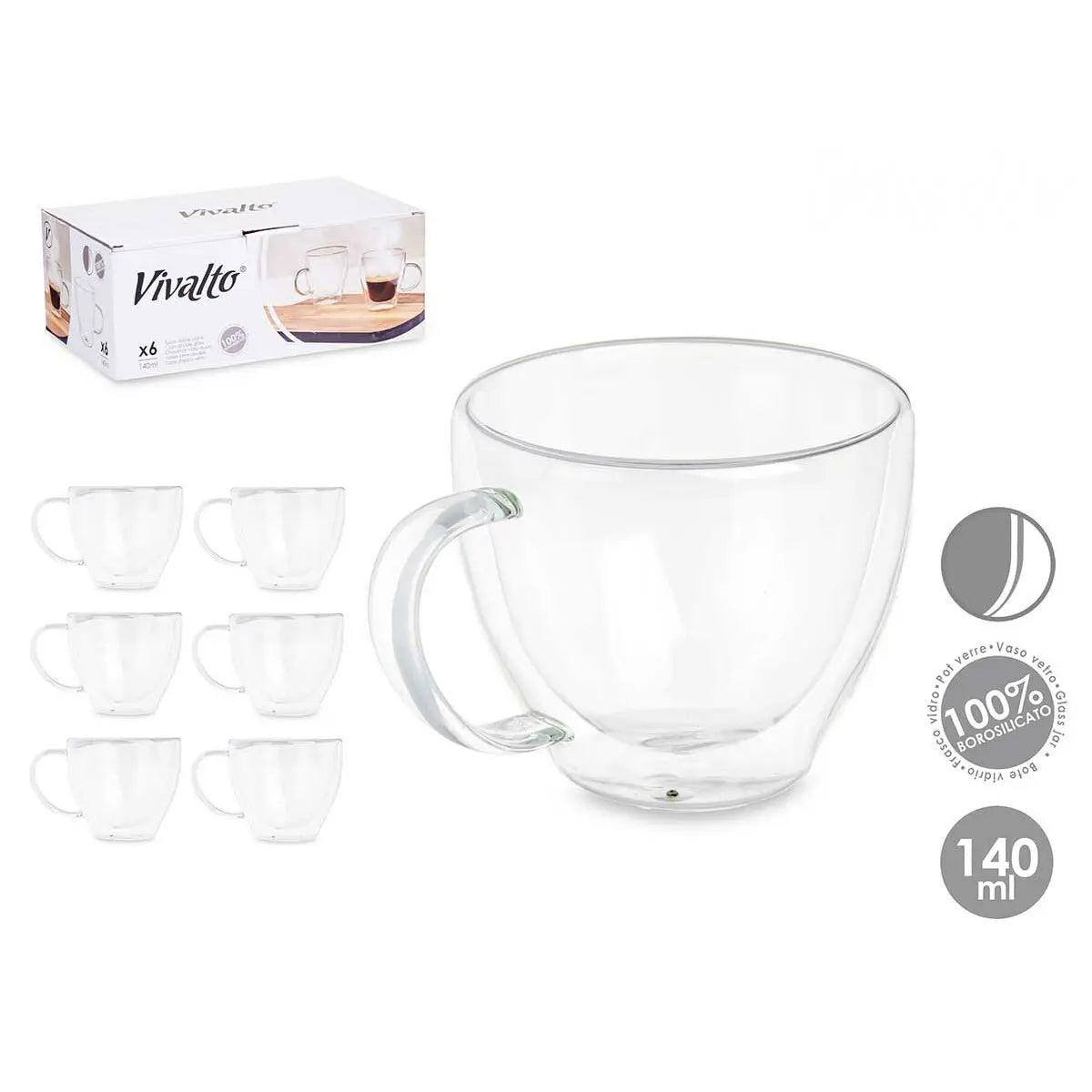 Tasse de café et de thé Vivalto OCT-DG2397 Transparent Verre Borosilicaté 140 ml (6 Unités) Mamm