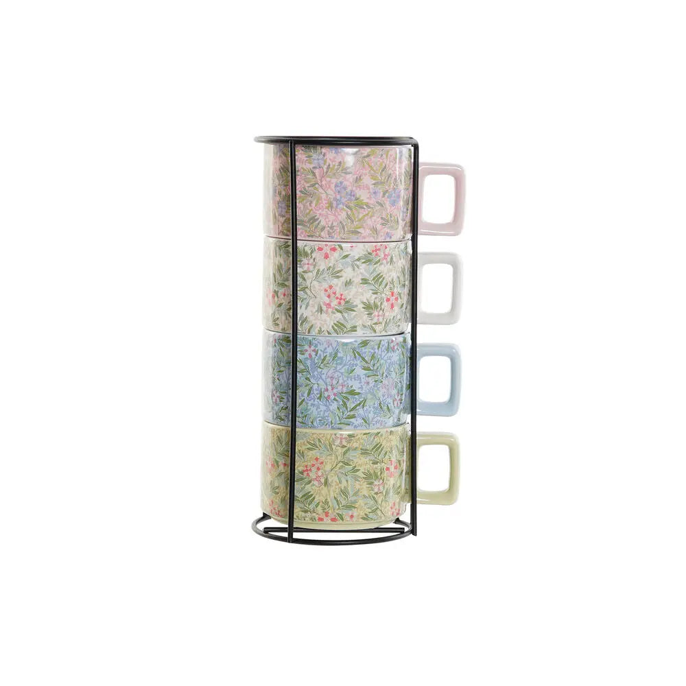 Ensemble de tasses à café DKD Home Decor Bleu Rose Métal Vert Fleurs Dolomite (13 x 9,5 x 6,5 cm) (4 pcs) (260 ml) Mamm
