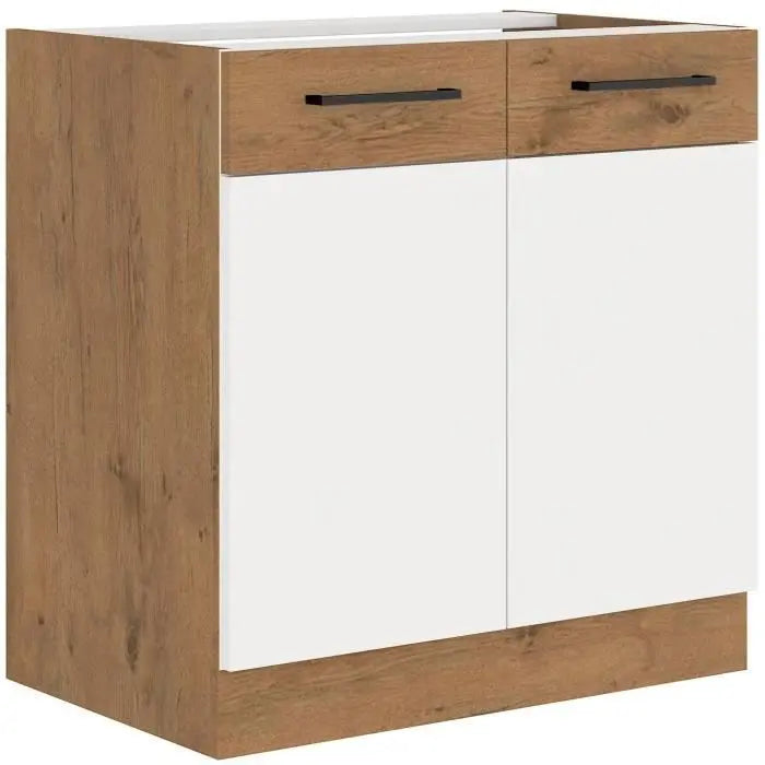 ROCK - Meuble bas - Mélaminé decor chene Lancelot et Blanc - 80 cm - 2 portes battantes - Plan de travail non inclus Mamm